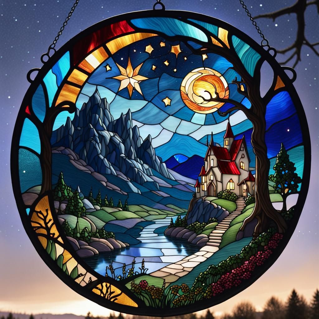 stained glass night scene - AI Generated Artwork - NightCafe Creator