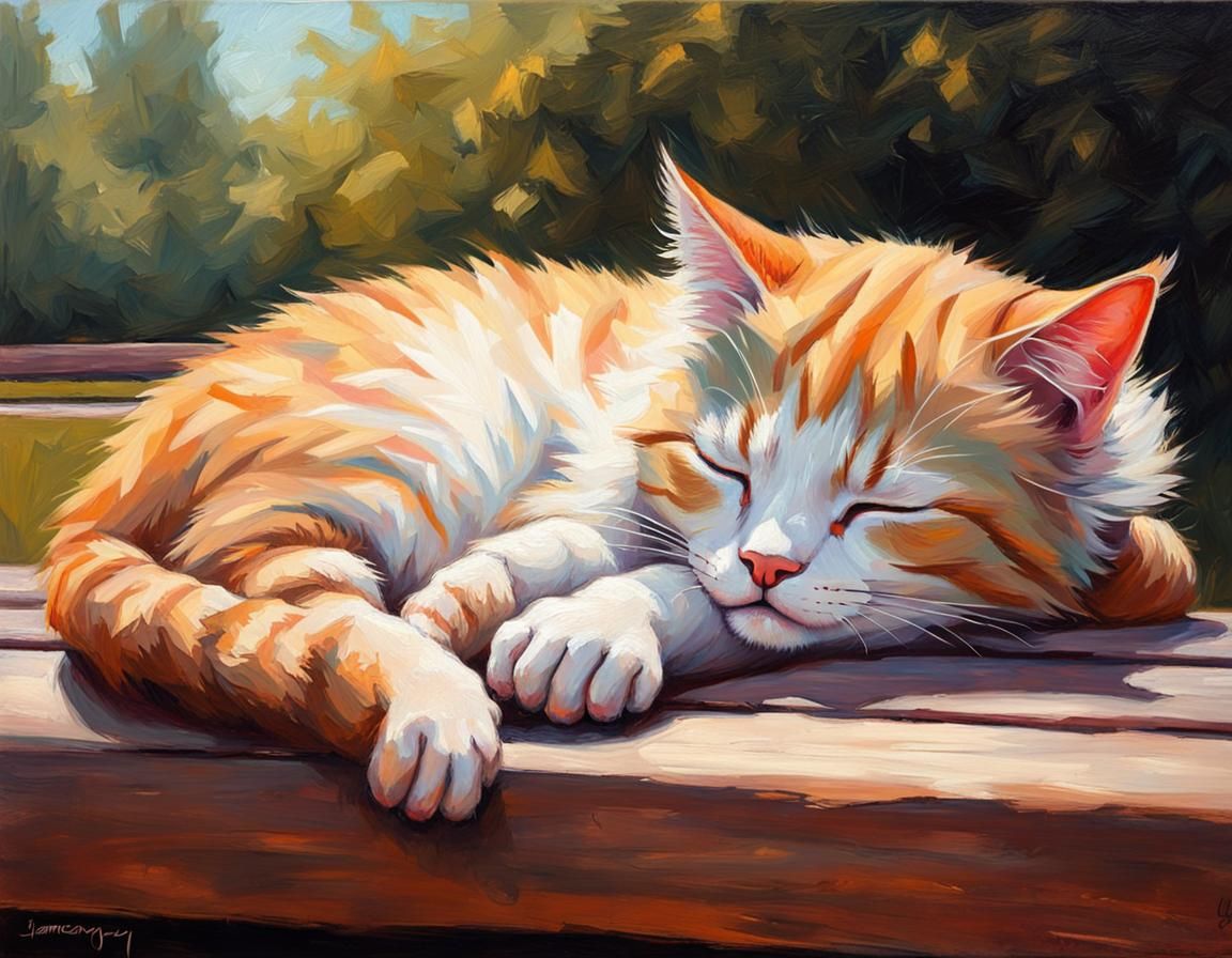 Cute Kitty sleeping on a Wooden bench at a Park   by @SteelDonkey