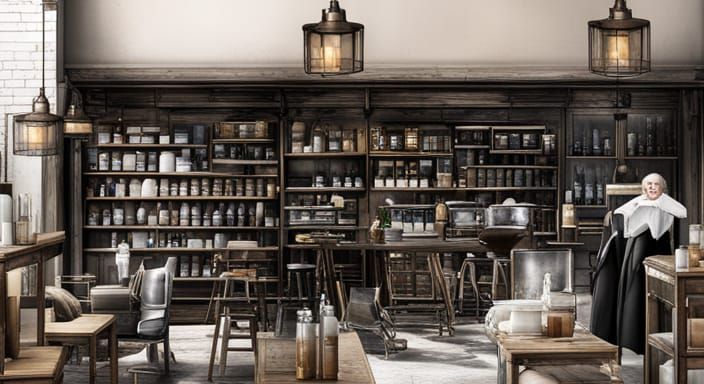 realistic apothecary with many bottles on shelves