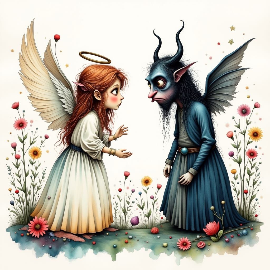 Angel and Demon Facing Off in Whimsical Watercolor Style