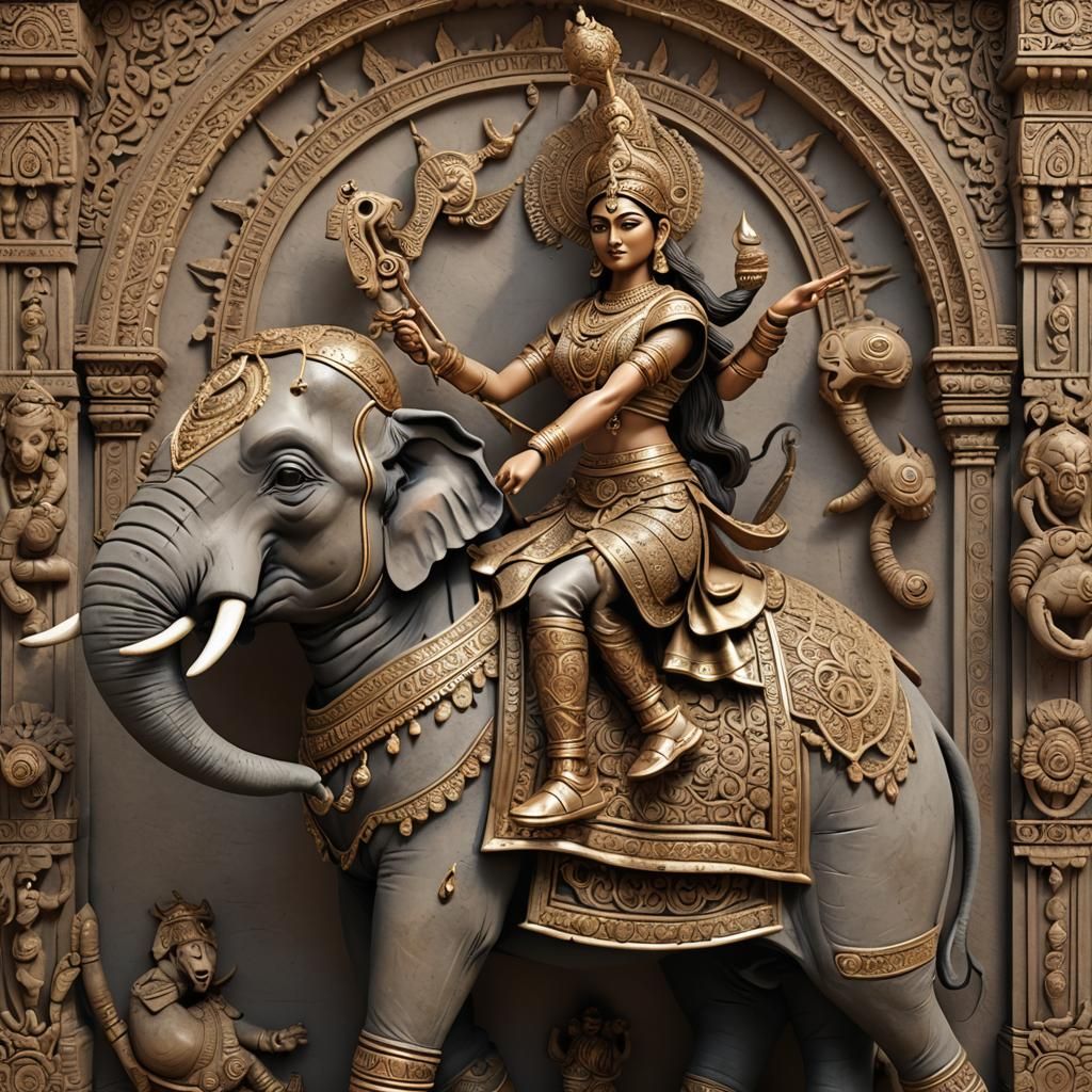 a sculpture of indian lady warrior riding an Elephant