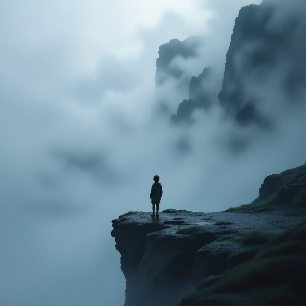 Boy on Cliff Edge in Ethereal Mist