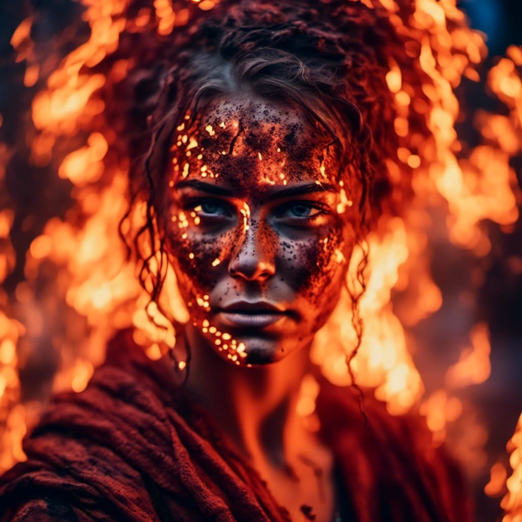 <lora:Flames:1.0> <lora:FreeRain:1.0> A photograph of a beautiful and strong women.  Fire surround them.  Everything is burning.  blurry spa...