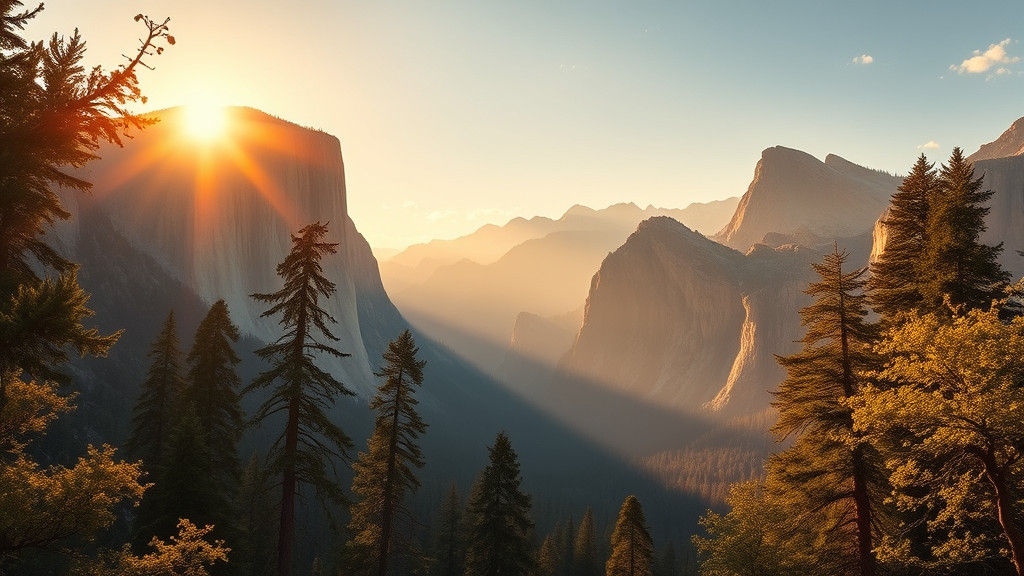 "A serene landscape of a mountain valley during golden hour, with warm sunlight streaming through the trees."