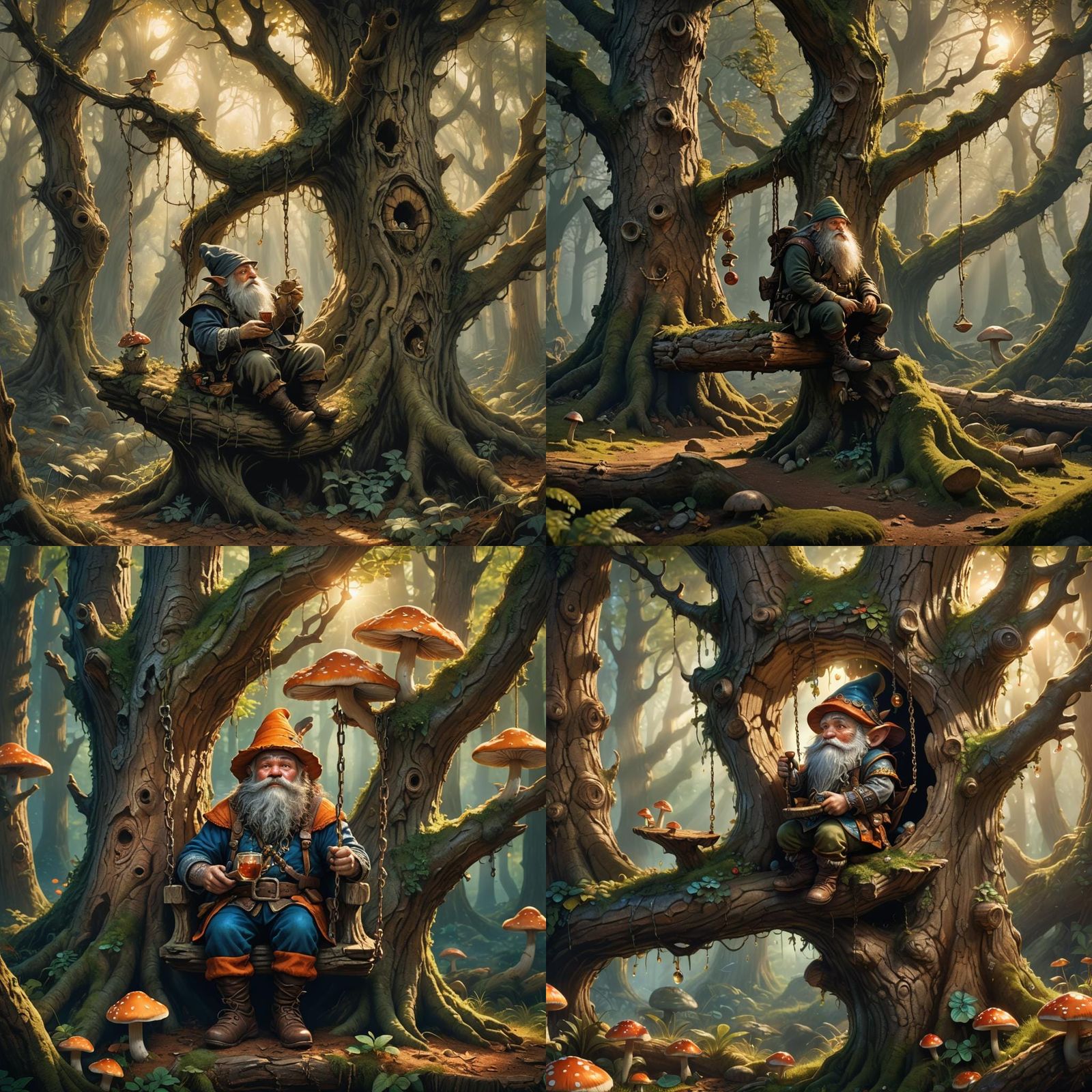 Gnome on Swing Under Mushroom in Fantasy Art