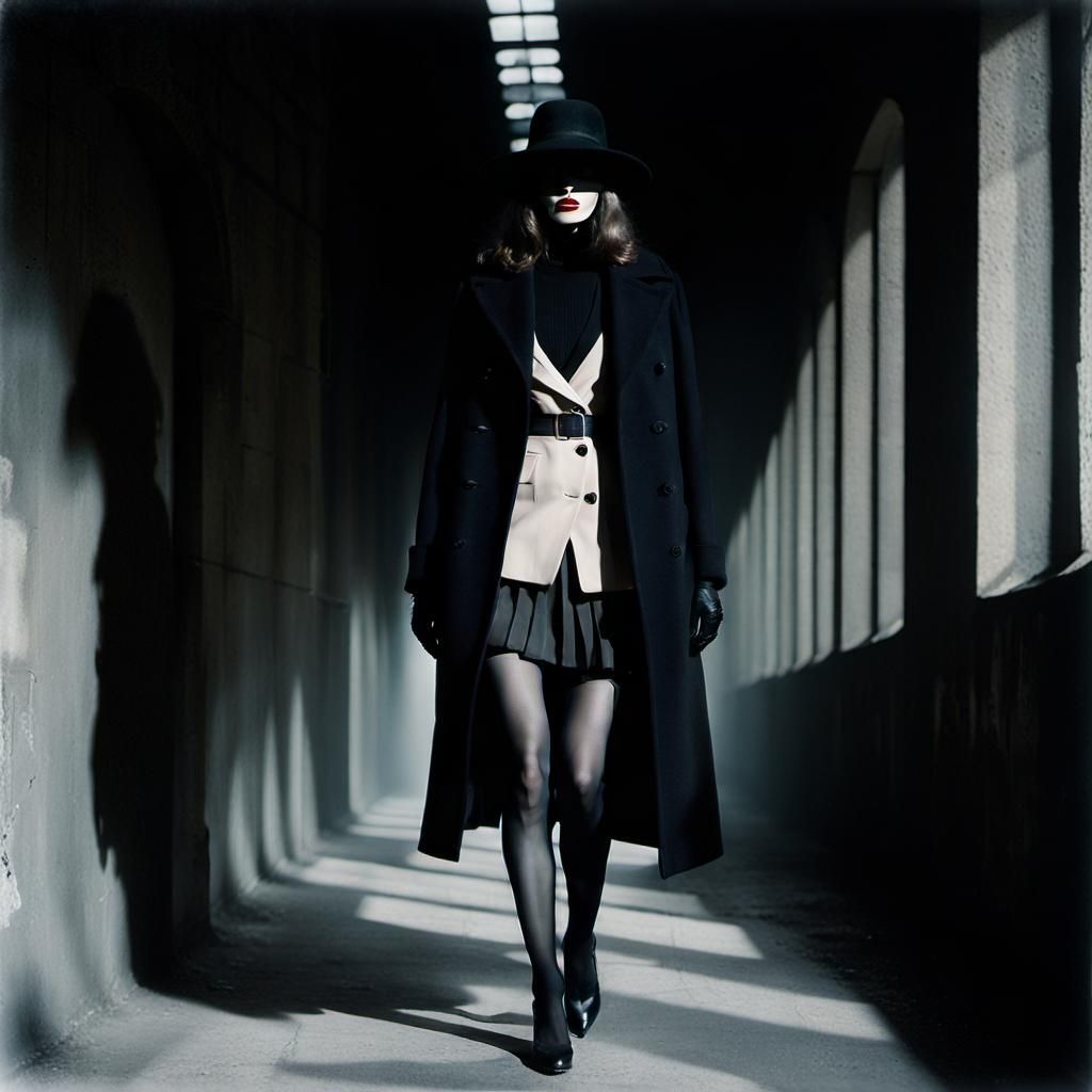 Mysterious woman wearing black outfit walking through concrete hallway  by @Fokje