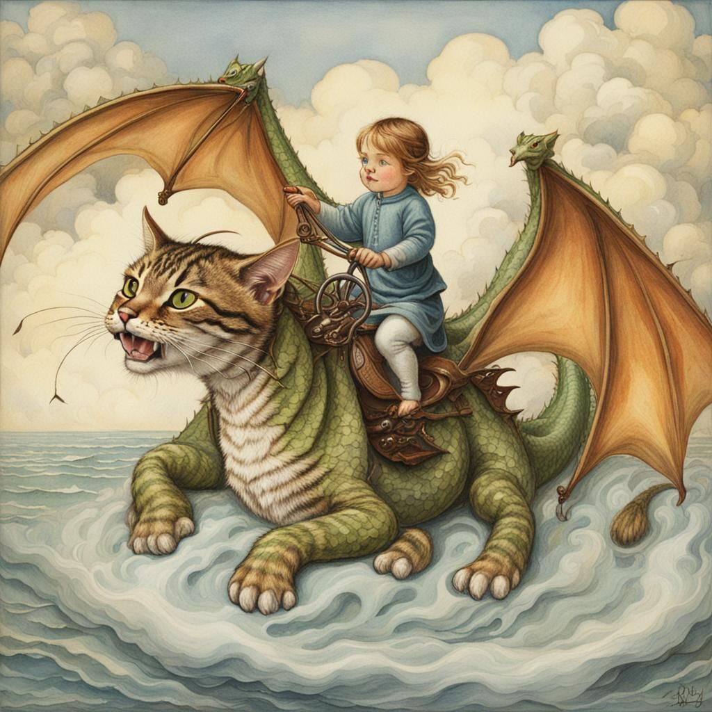 A cat riding on a dragon in the Cicely mary barker's style, ...