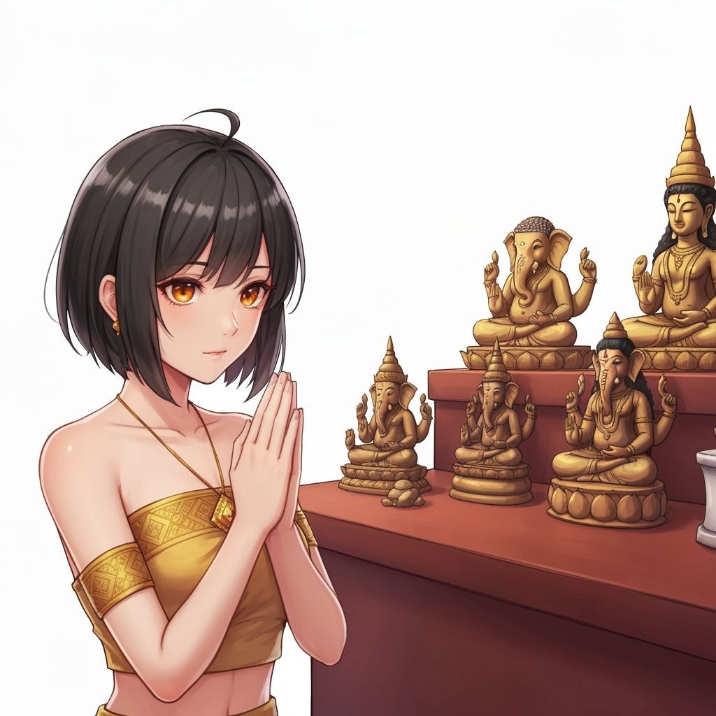 Thai Woman Praying at Altar in Watercolor Style