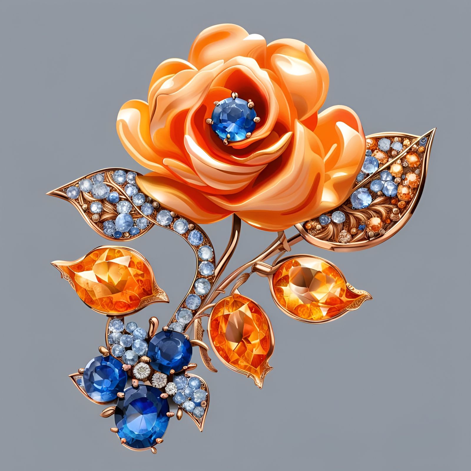 Orange and Blue Rose Gemstone Brooch