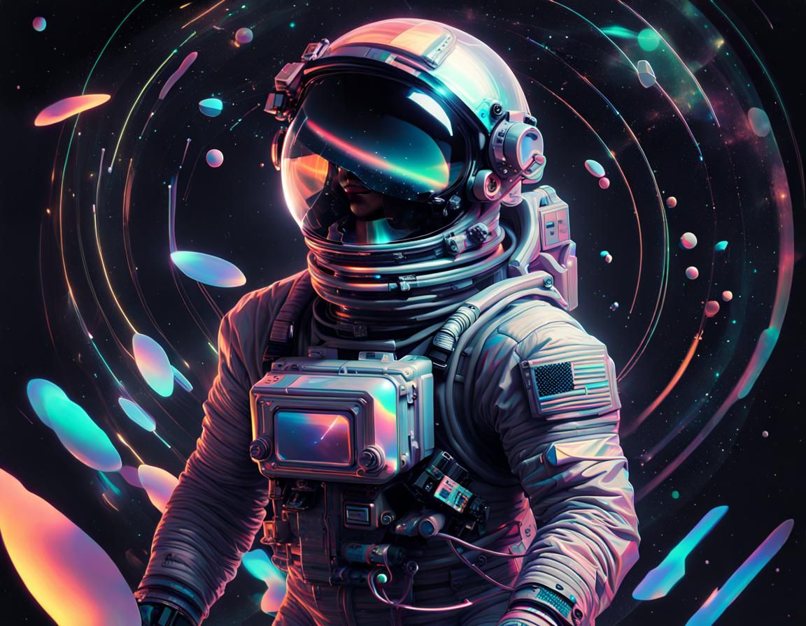 Glittering glitching holographic art of an astronaut floating in space ...