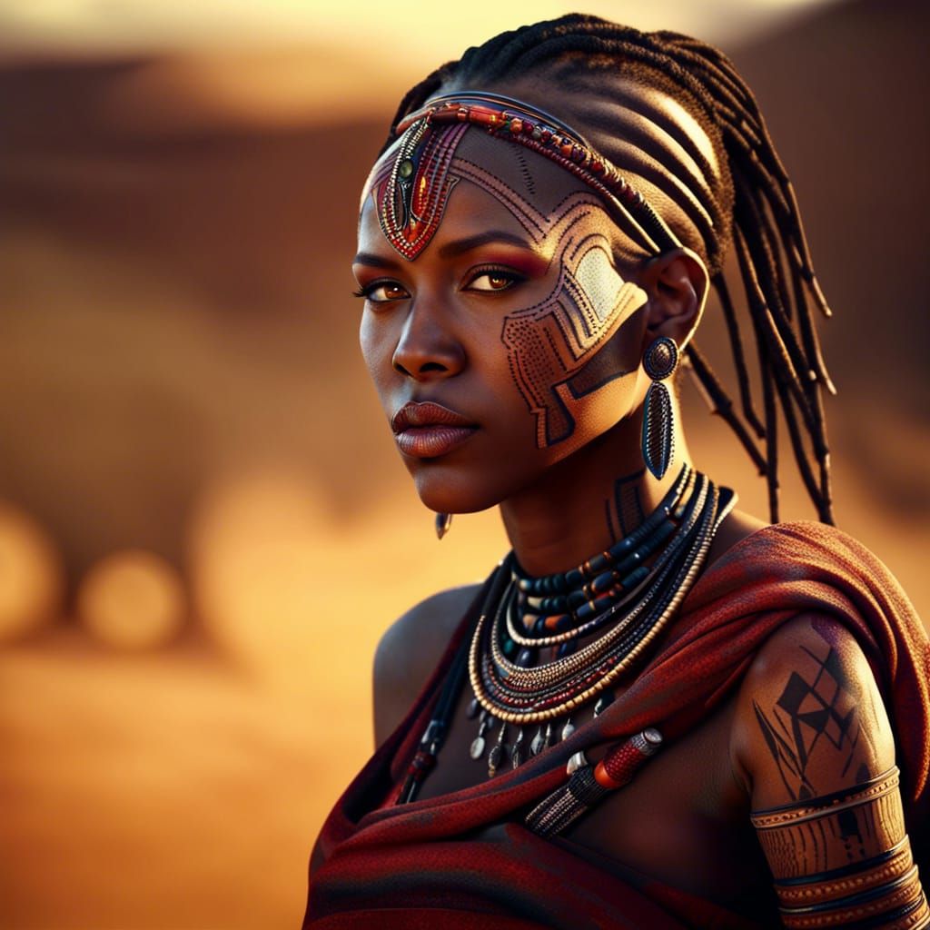 Maasai princess,Young woman, dark skin, amber eyes, tribal tattoos on ...
