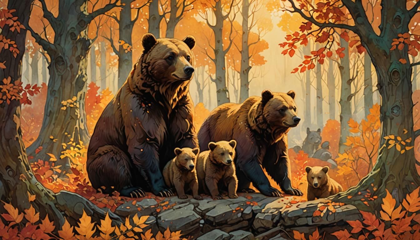 Taste of Autumn A mother bear with her playful cubs in a vibrant autumn forest, surrounded by colorful ...  by @earlstringerjr