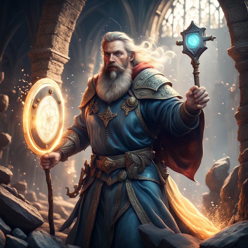 a bearded cleric wielding a shield and casting a spell of light - AI ...