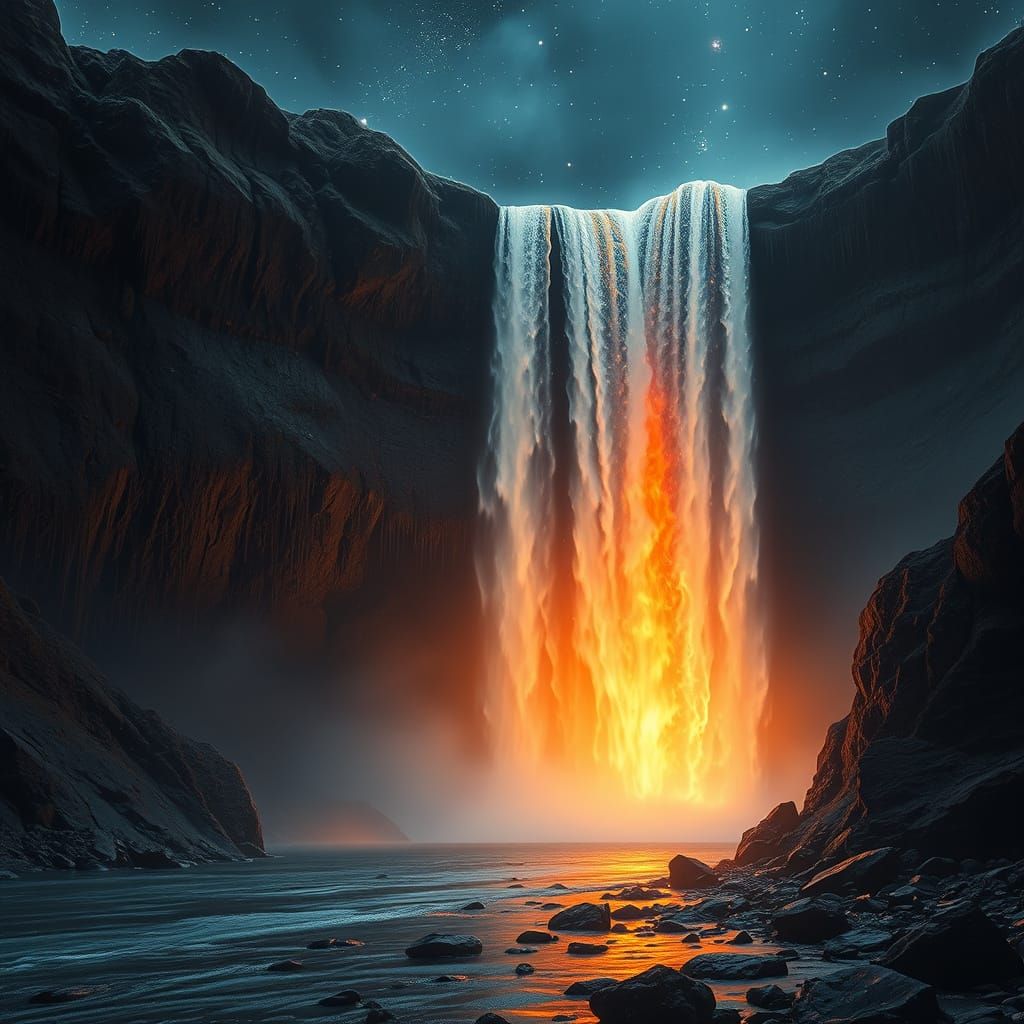 A cosmic waterfall with fire inside, small lights that glow in the dark