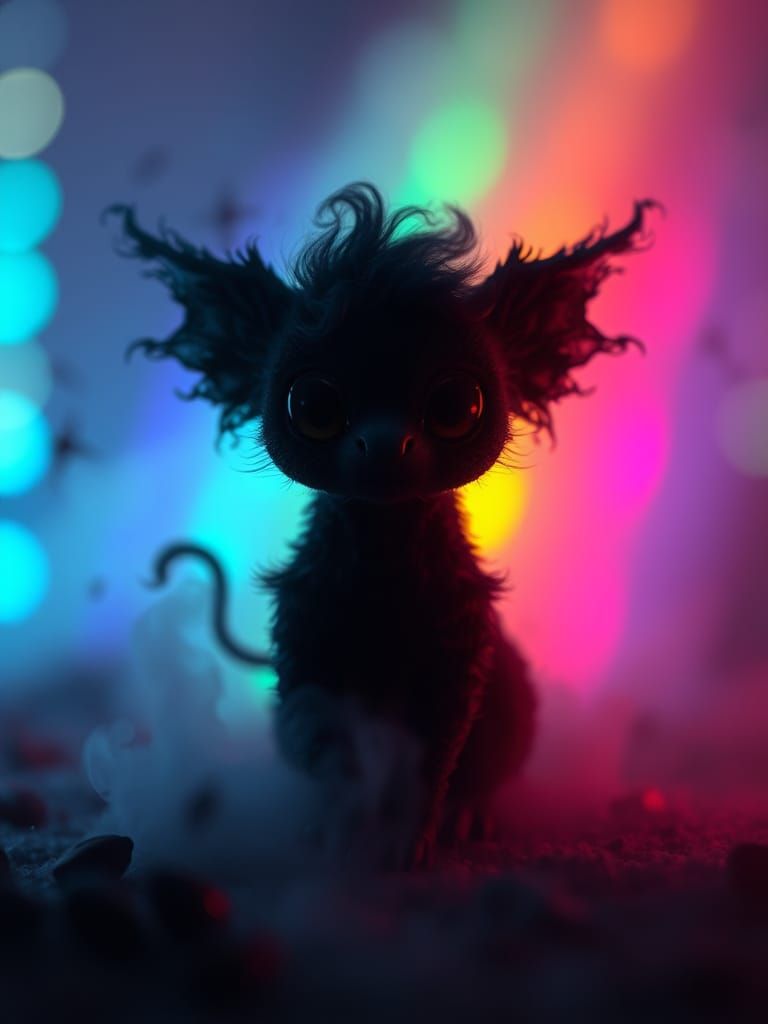 Digital matte painting. Medium shot.

A cute creature made of wispy black smoky shadows. Background is bright glowing rainbow lights.

Trend...
