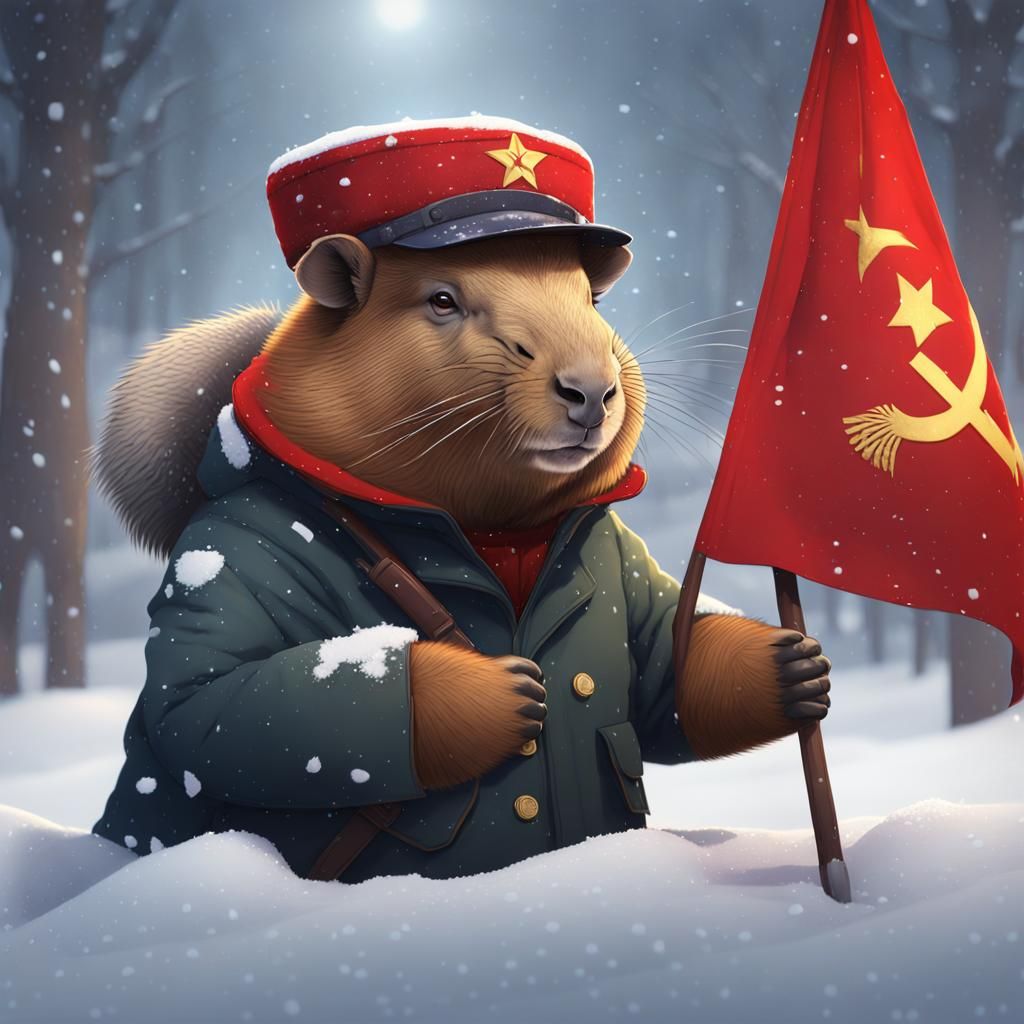 communist capibara, capibara in ushanka hat, snow, communism...