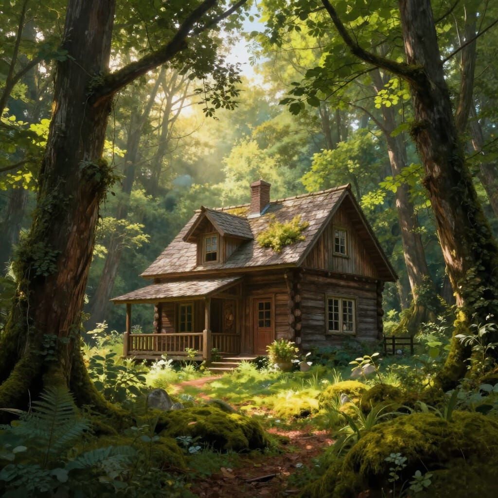 Rustic House in Mystical Forest, Hudson River School Style