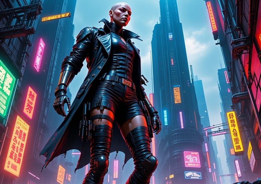 Bald Anime style Cyborg female bounty hunter in a cyberpunk city<lora:Cyborgs Flux:1.0> 