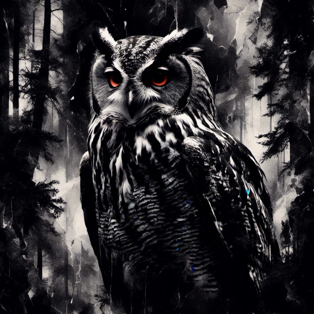 <lora:DarkMedia:1.0>dark double exposure  collage 
 monochrome, black and white ,     sinister terror cinematic  owl in the dark forest nig...