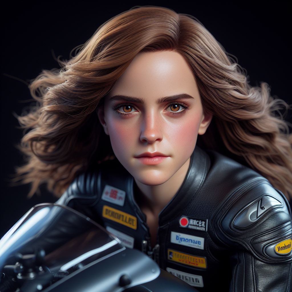 Emma Watson rides a sport motorbike