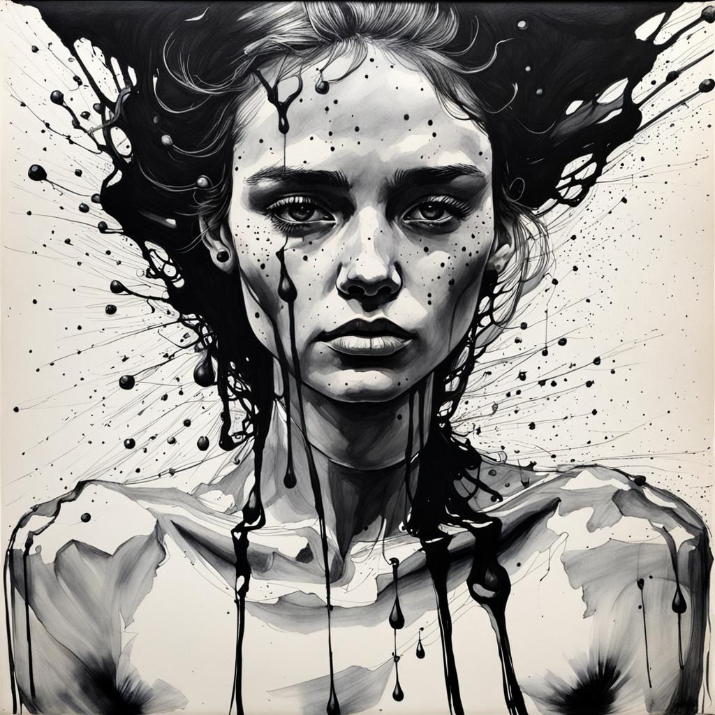 Black ink drops on paper turning into a line drawing of a wo...