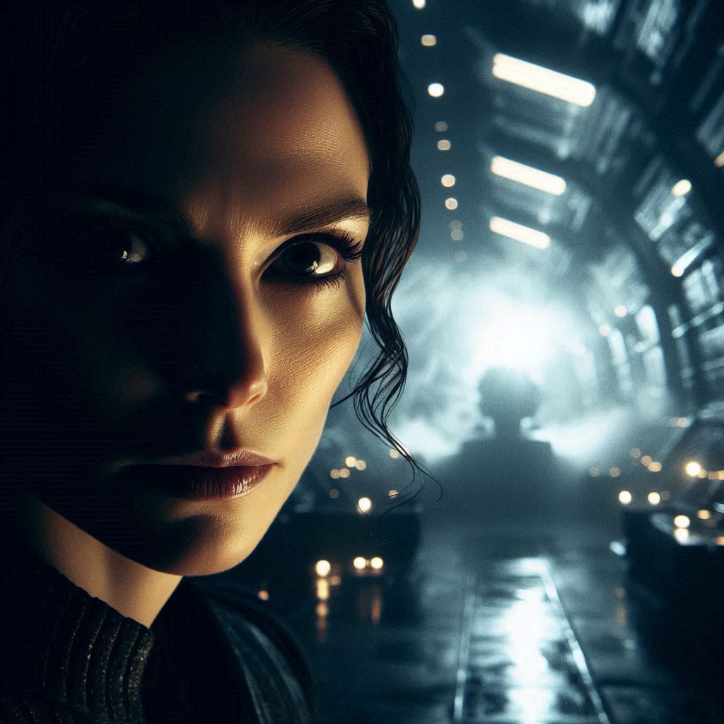 a dramatic close-up of a female character