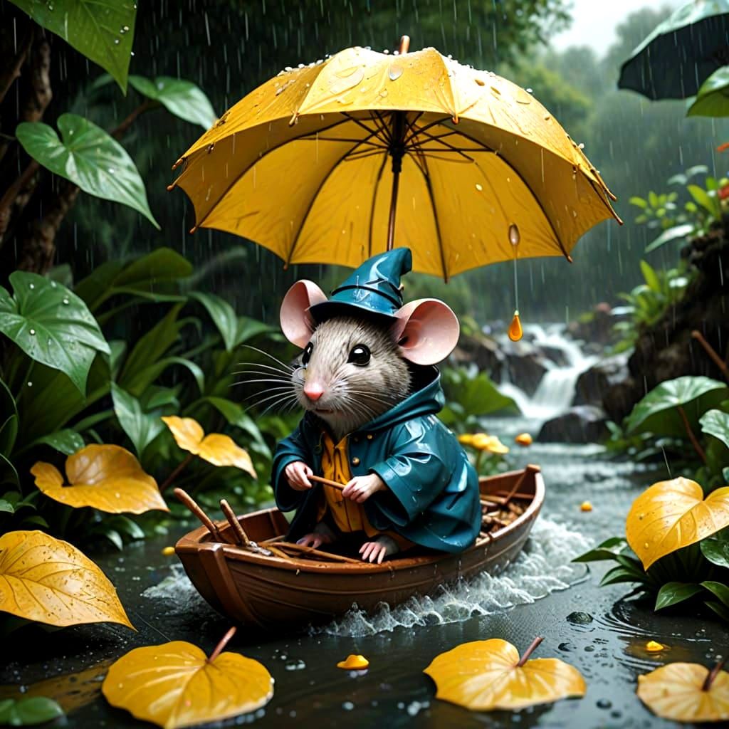 Mouse in a raincoat and hat...in a rainstorm, with an umbrella, floating on a leaf boat, on a stream. 
