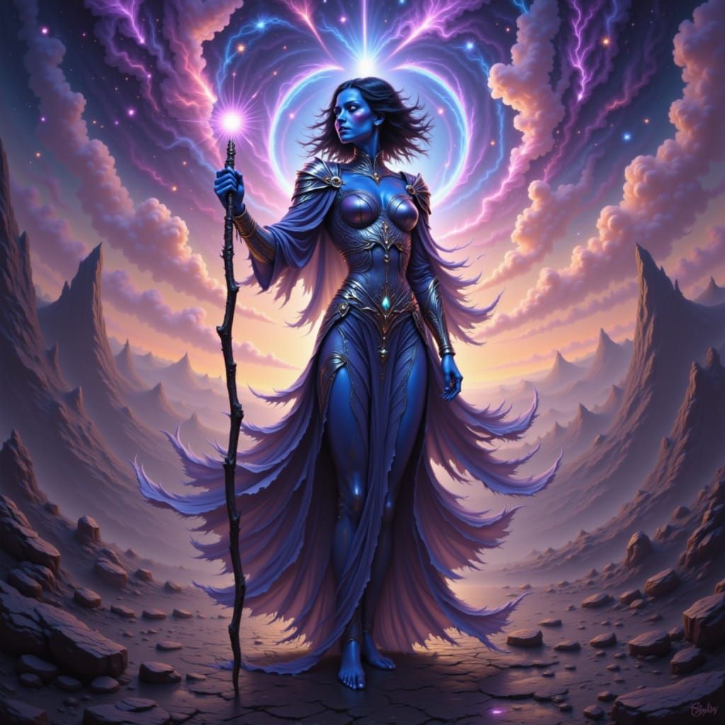 A photograph of a cosmic warrior woman with striking blue skin standing confidently on a desolate alien planet. Her form is tall and powerfu...