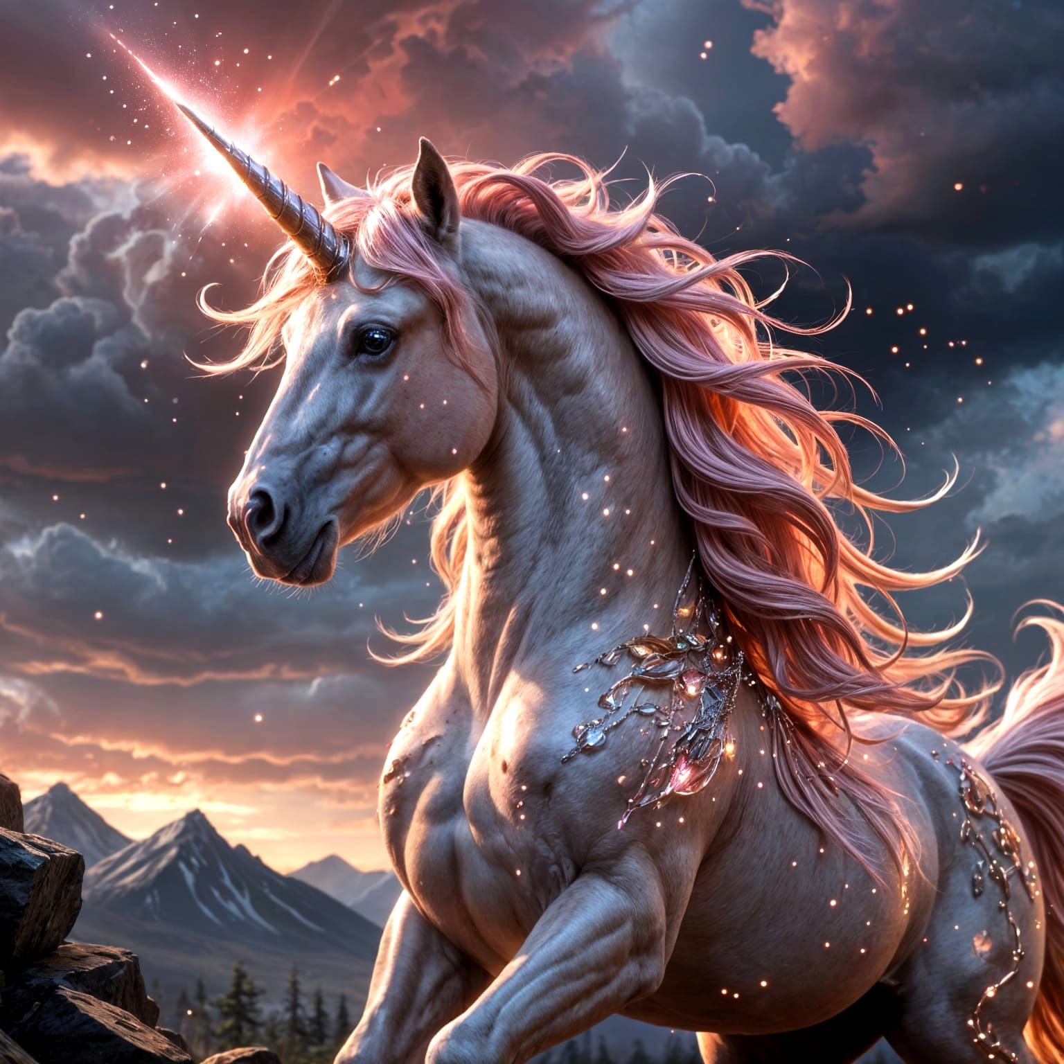 A realistic and majestic pink unicorn horse , a flowing mane, and a delicate, sparkly horn, depicted ...  by @Steven 