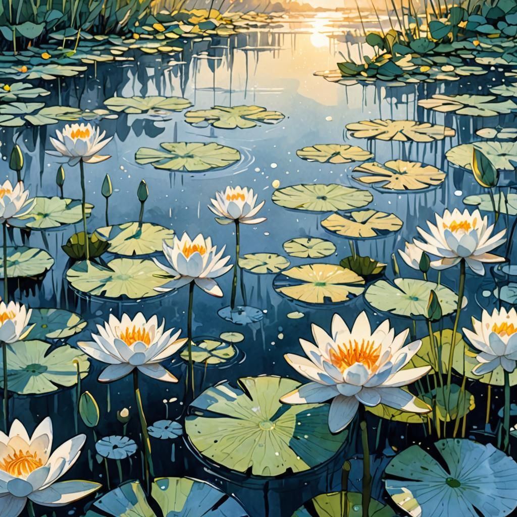 WHITE WATER LILLIES OVER LAKE at Sunrise