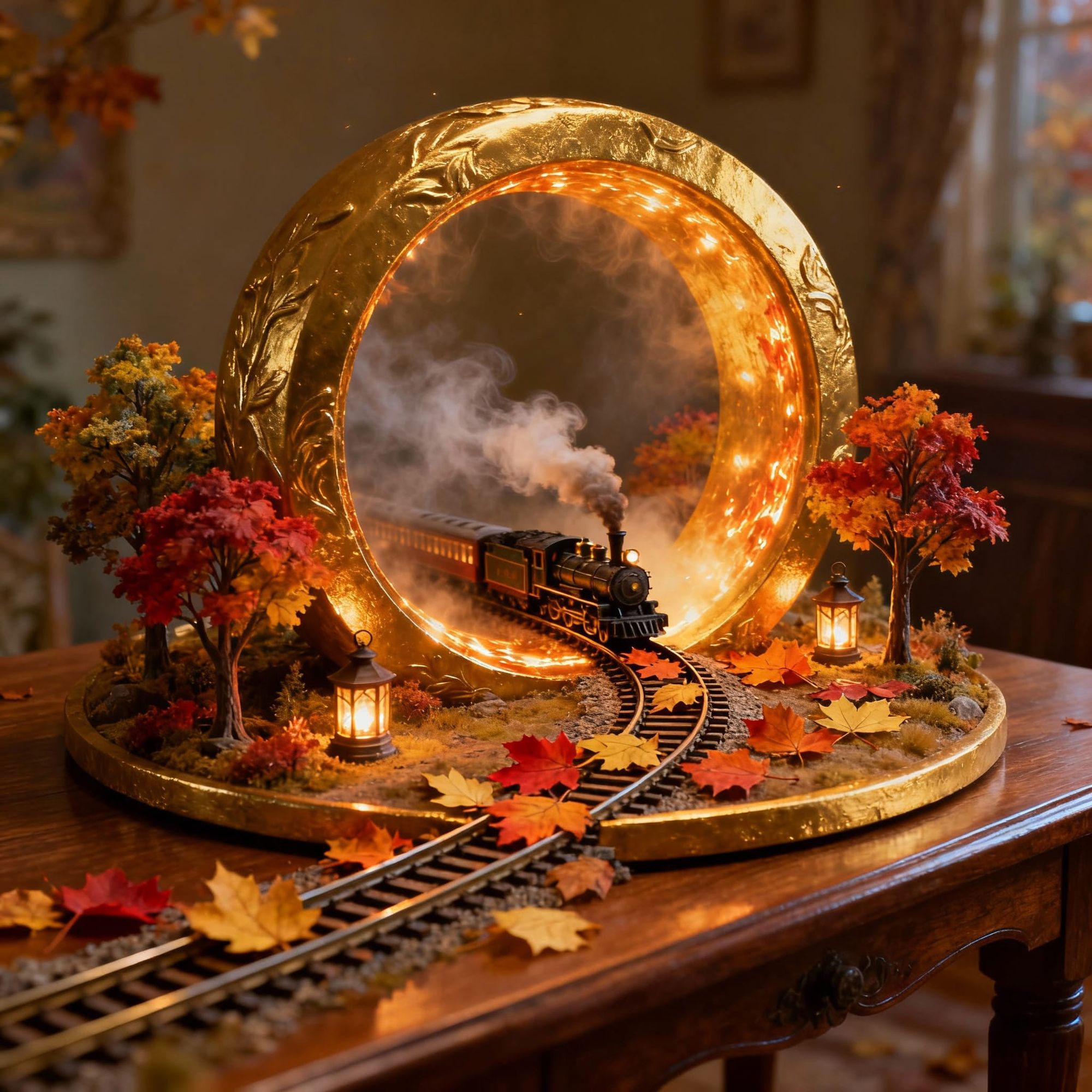 A magical miniature scene: a golden circular sculpture standing on a wooden table, with a tiny railway running along its outer rim. Instead ...