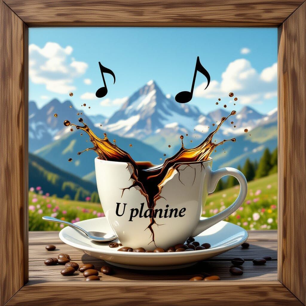 A beautiful mountscape gushes out of a broken coffee cup. Logo with italic text U planine. Two musical notes guard it. Summer landscape in f...