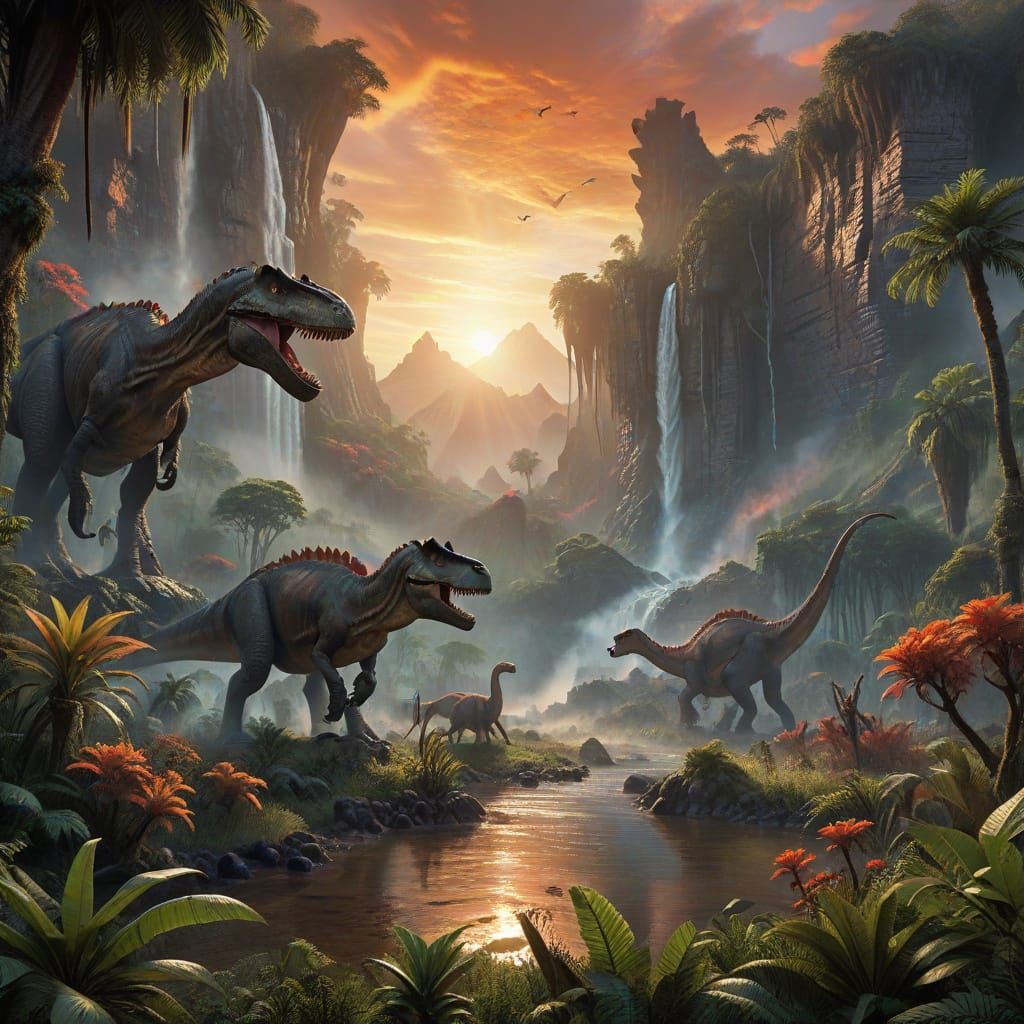 A vivid depiction of the Jurassic Period, showcasing towering dinosaurs grazing in a primeval jungle ...  by @toastercide
