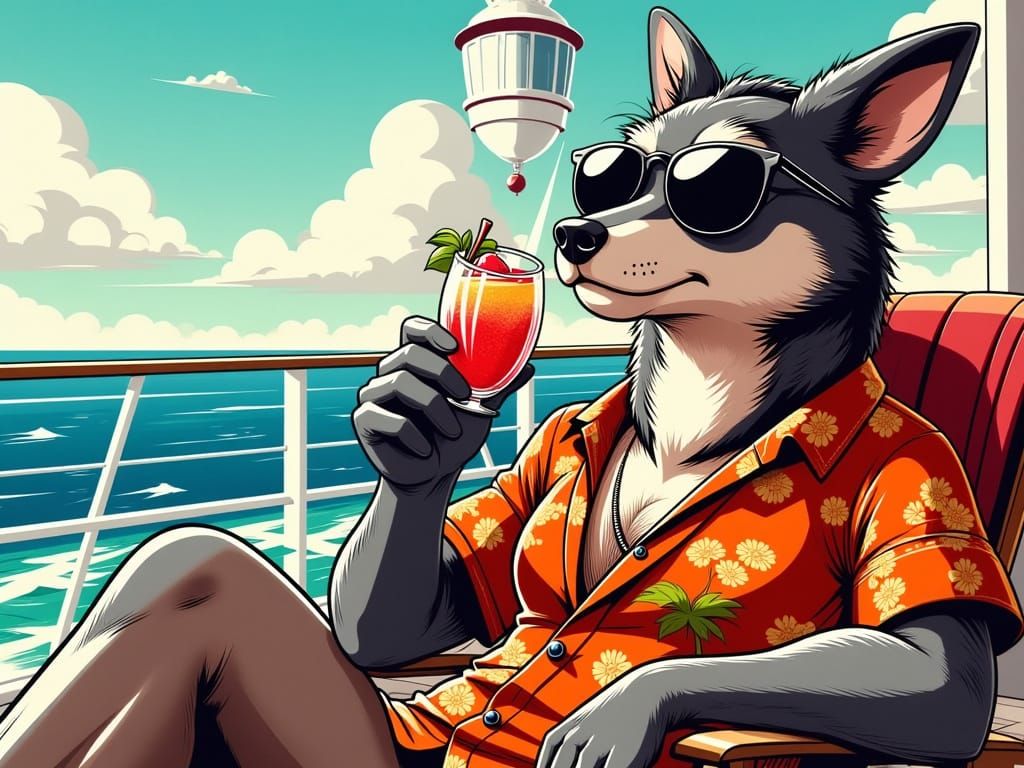 Werewolf Enjoys Tropical Drink on Cruise Ship Deck