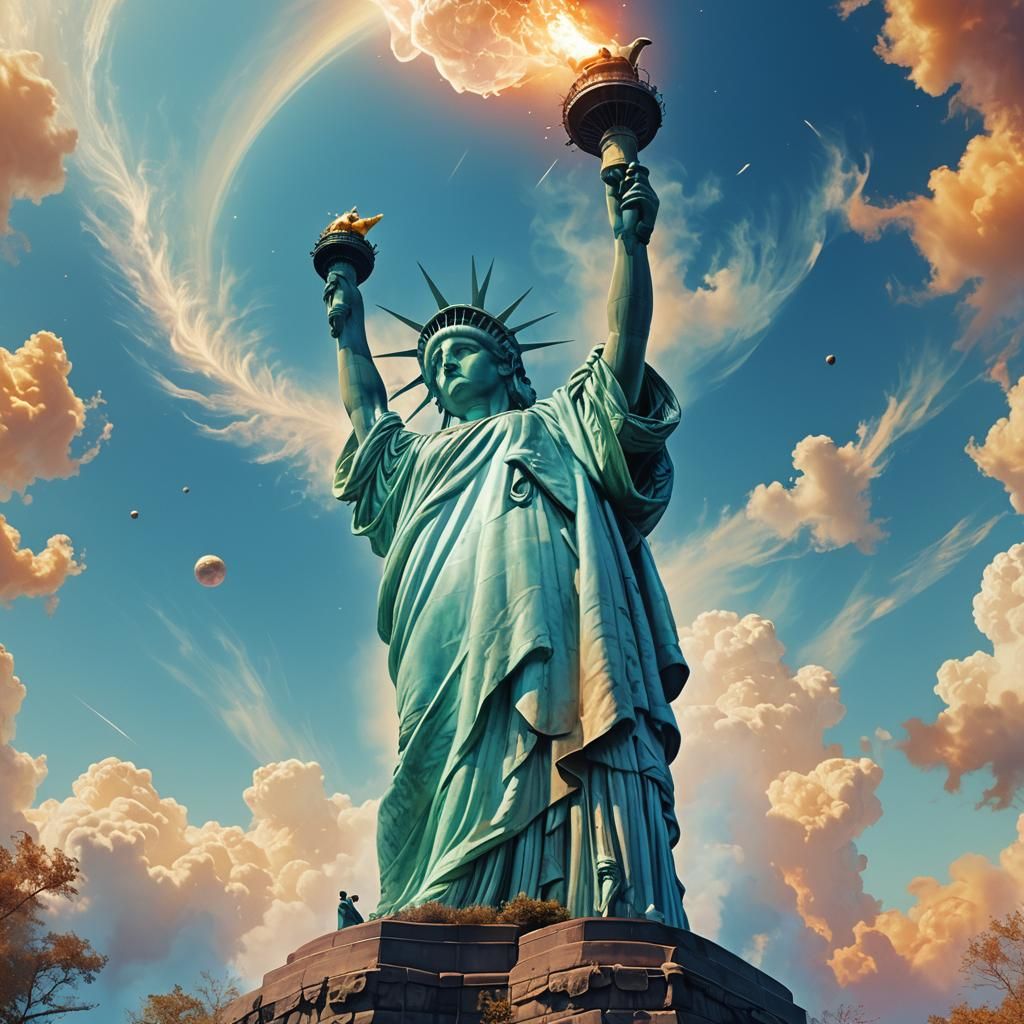 Statue of liberty walking on a planet