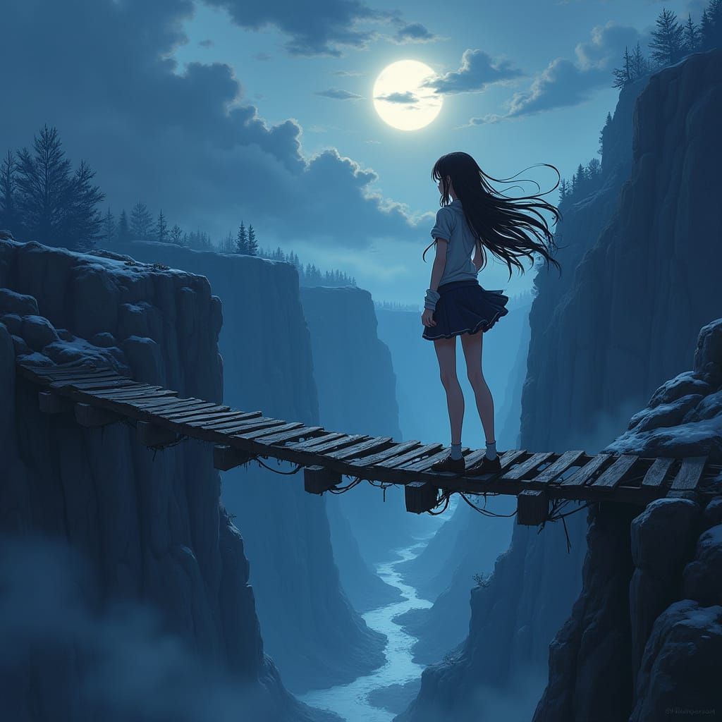 Girl on Ancient Bridge Over Treacherous Canyon in Anime Styl...