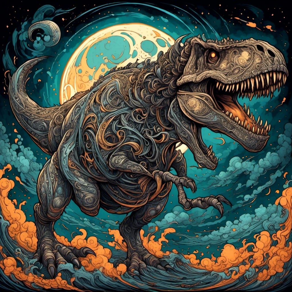 Tyrannosaurus rex in the style of <lora:Curlicue Cloudscapes:1.0> 