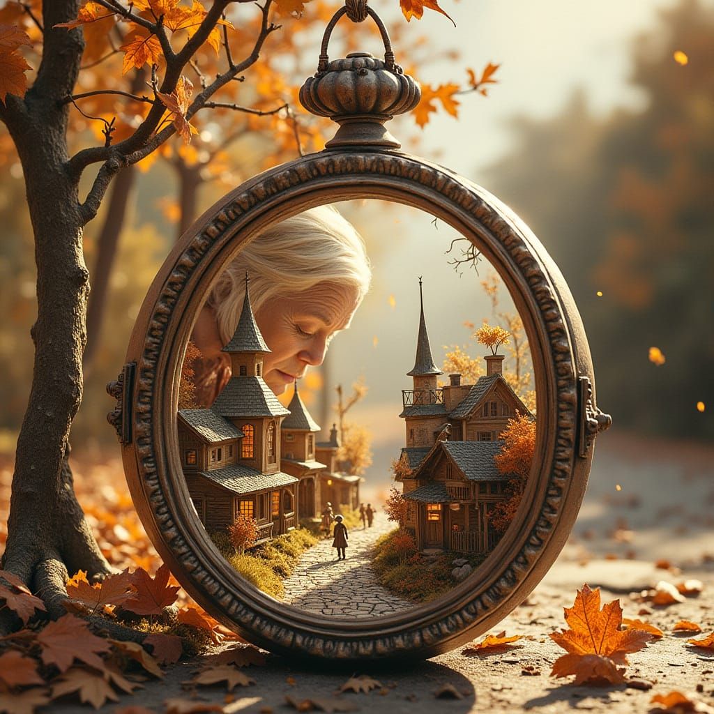 Surrealism. Medium shot. An elderly woman dreams of a miniature autumnal village built within an antique locket, with tiny figures walking o...