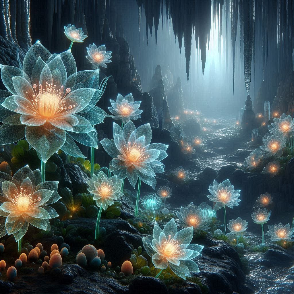 Glass flowers in a cave