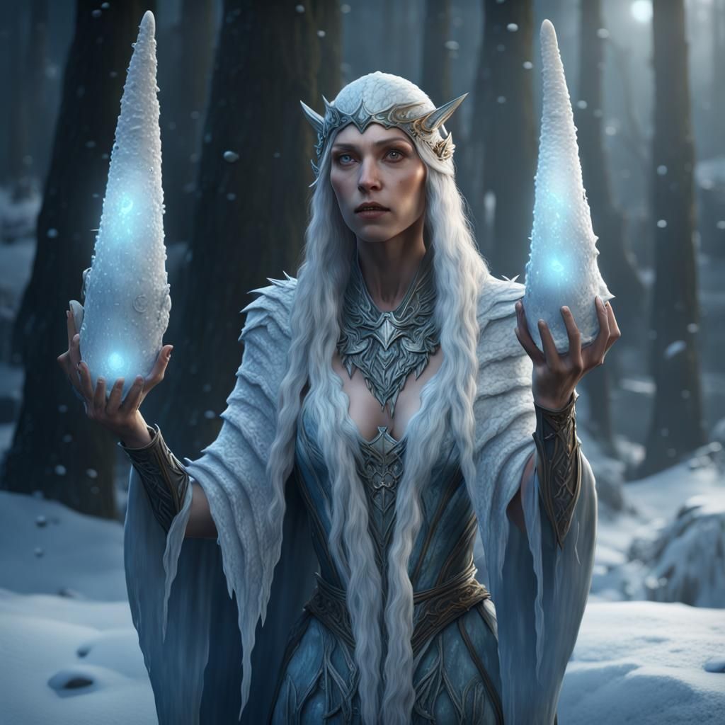 Elven Woman Casts Frost Icicle Spell: Fantasy Art