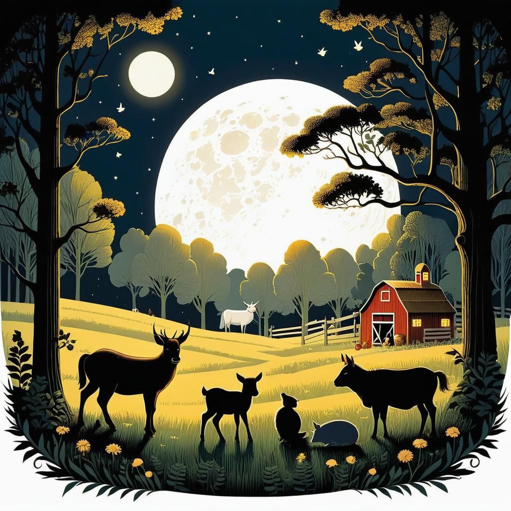 Storybook illustration of farm animals