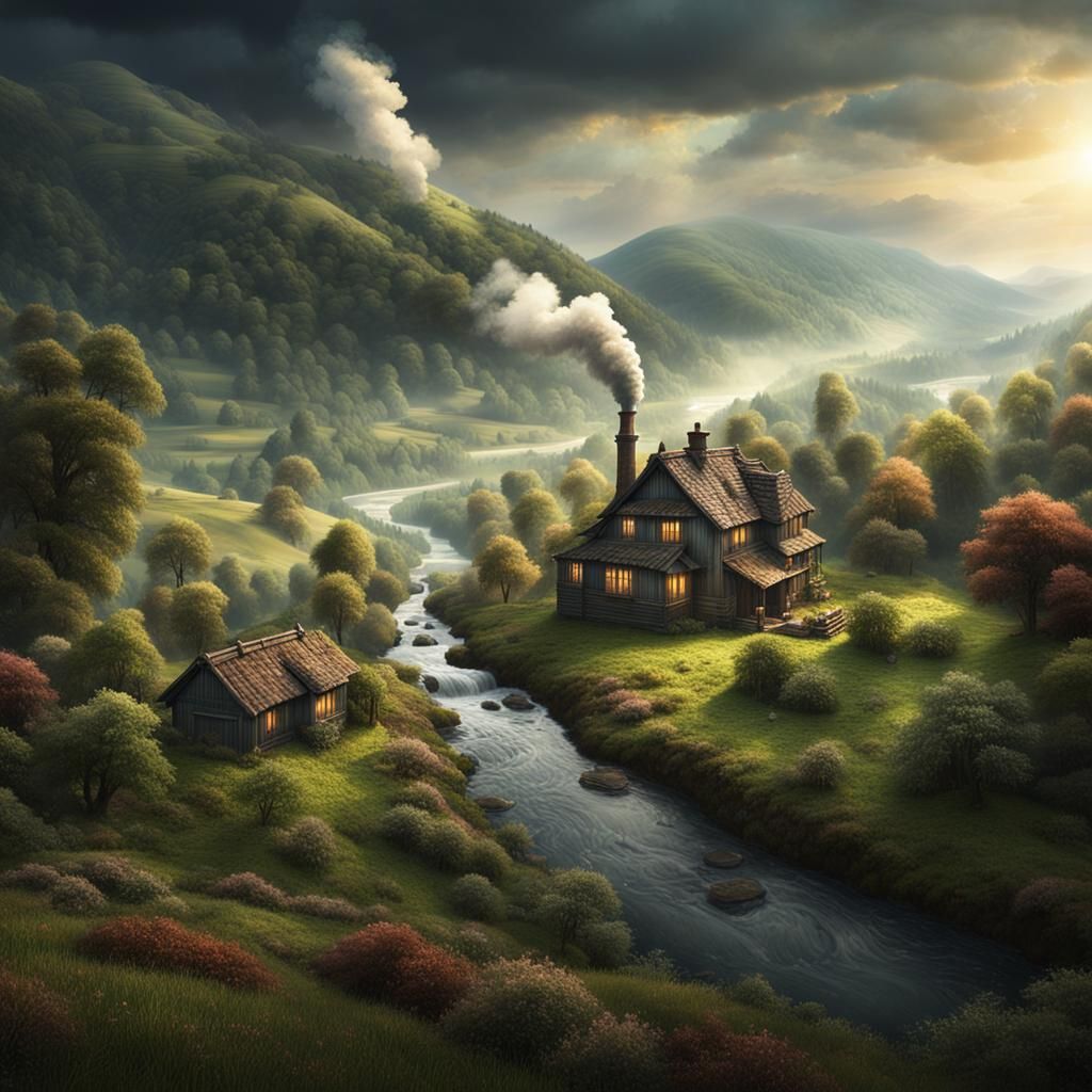 What fields of hills and forest patches, with a small river ...