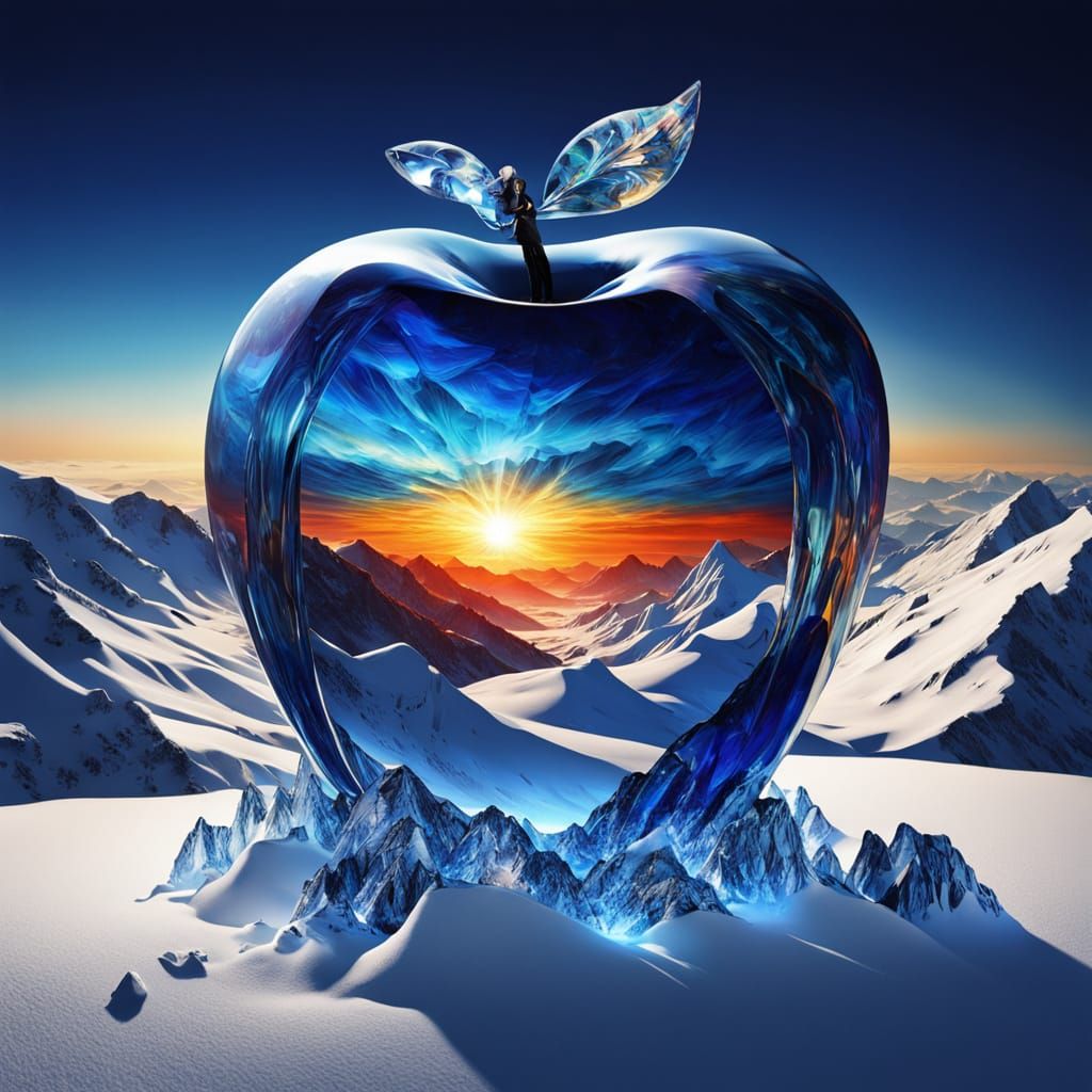 Imagine a majestic crystal apple perched on a snowy mountaintop, all shimmering in a thousand colors, ...  by @NOSHF