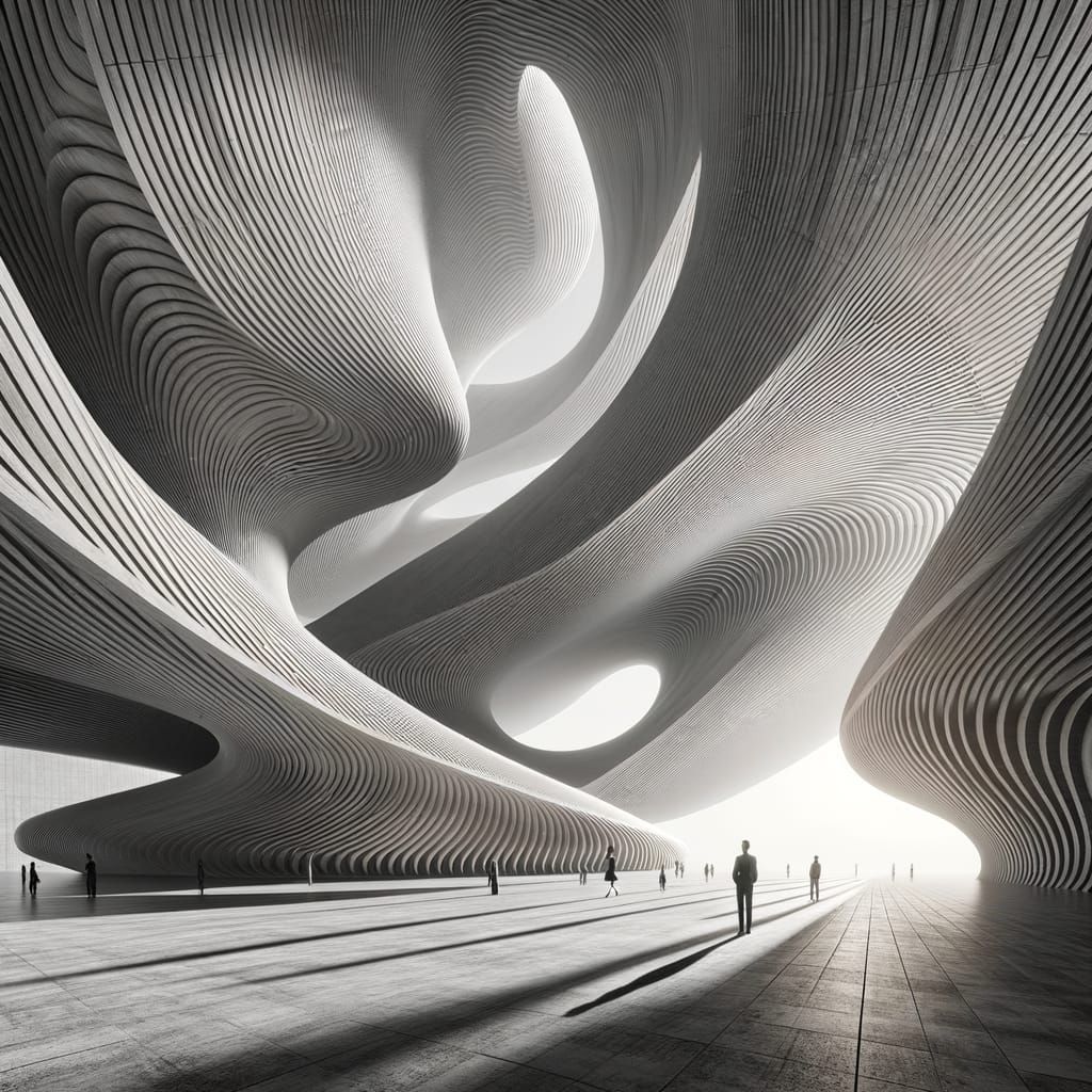 Ultra high-quality 8K black and white photorealistic rendering of the initial formation of a monumental parametric architectural shell. Laye...