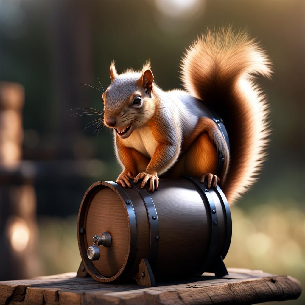 extremely pissed off squirrel with sharp teeth on a barrel rendered in ...