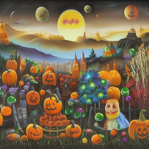 trick or treating at Halloween  in a city that is an overgro...