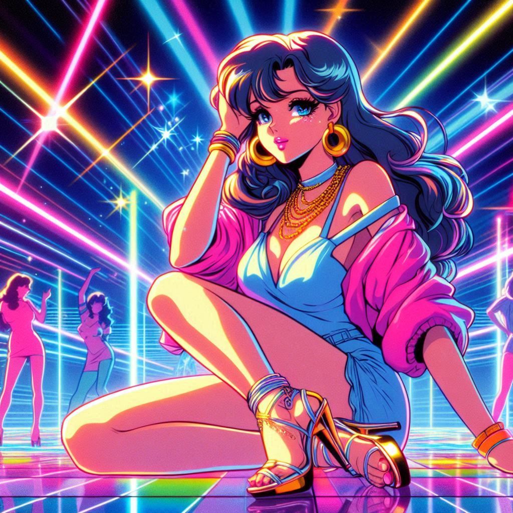 a 1980s anime style image of a woman fashion model drawn in ...