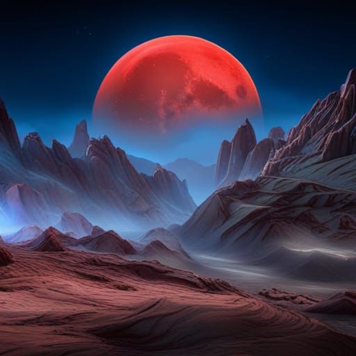 Red moon over mountains at night with the stars