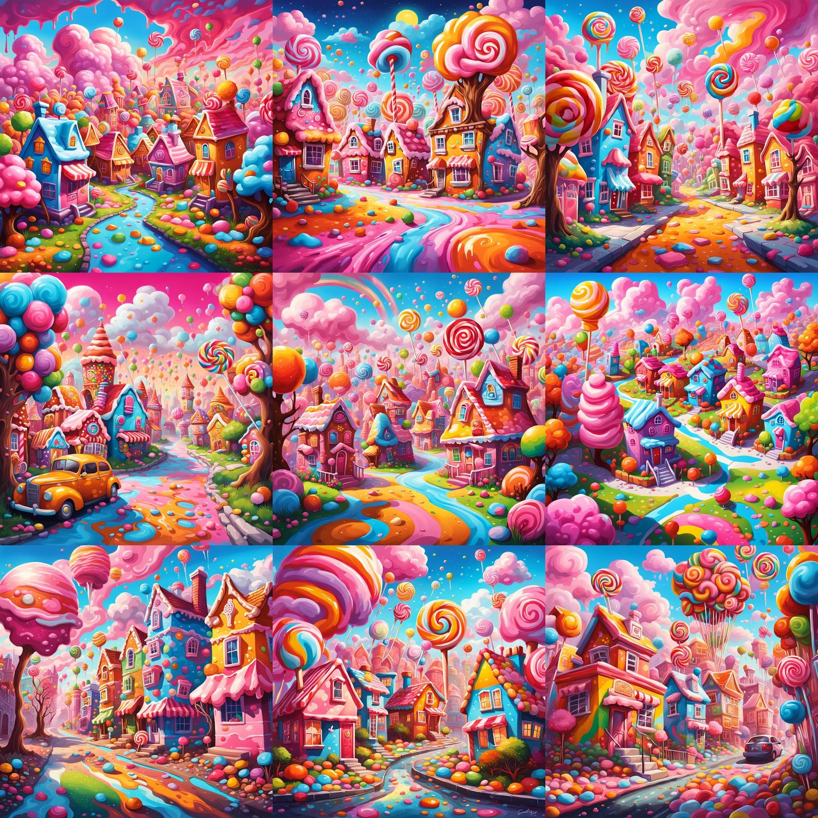 Candyland world, sweet street with candy houses, lolipop trees