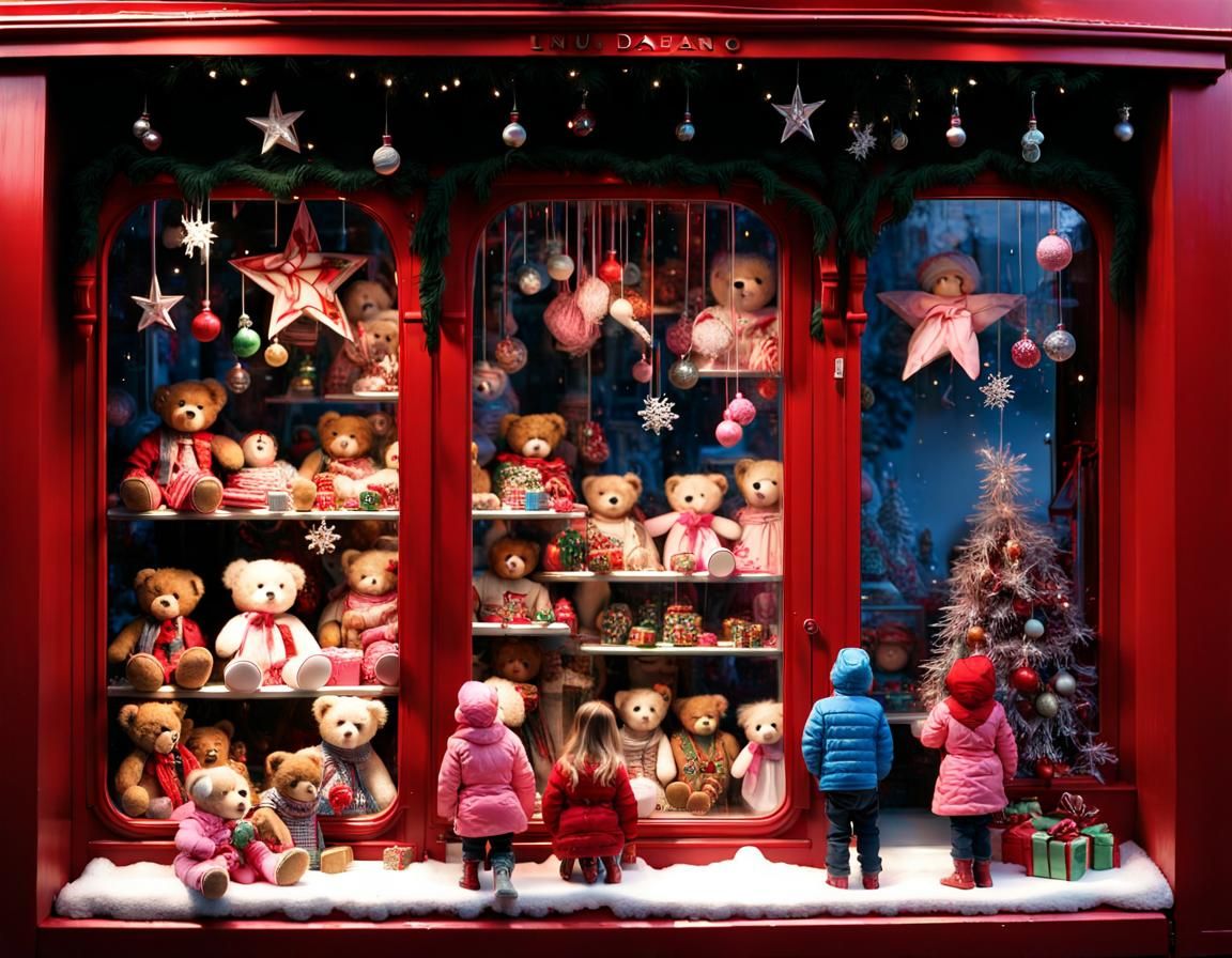 6 year olds looking into a toy shop window display; Christmas, teddy